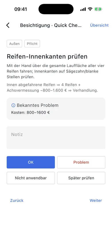 Checklisten-Schritt in EV Inspector: Reifen-Innenkanten prüfen, bekanntes Problem mit Kostenband 800 bis 1600 Euro, Antworten OK oder Problem.