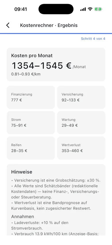 Kostenrechner-Ergebnis: Kosten pro Monat als Spanne, Euro pro Kilometer, Aufschlüsselung nach Finanzierung, Versicherung, Strom, Wartung, Reifen und Wertverlust.